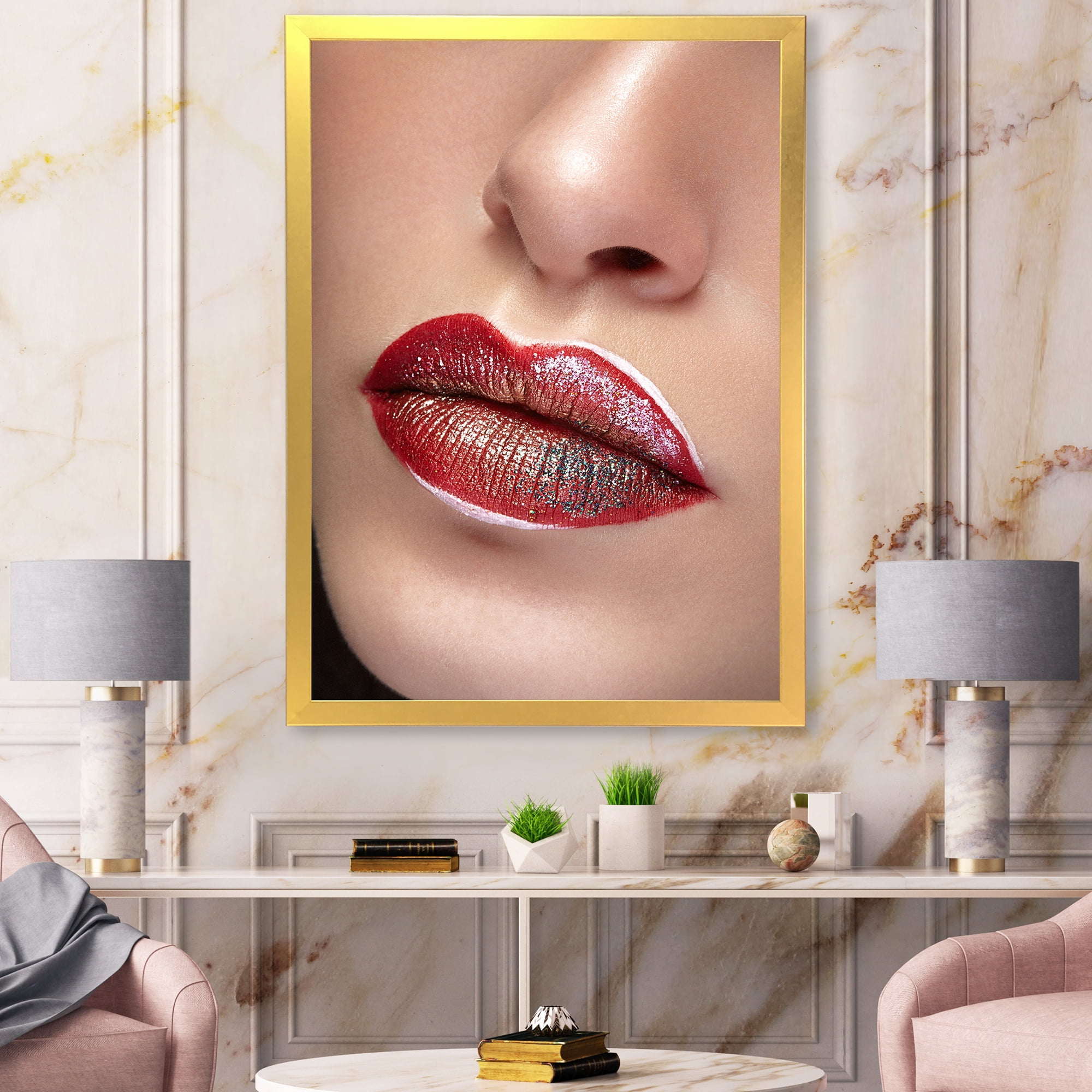 Designart 'Close Up Lips With Professional Lipstick and Make Up' Modern Framed Art Print