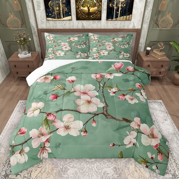 Manfei Floral Sakura Bedding Comforter Set 2pcs for Female Men,Japanese Style Twin Comforter Sets Microfiber,Cherry Blossoms Breathable Bedding Set,Ultra Soft Home Decor