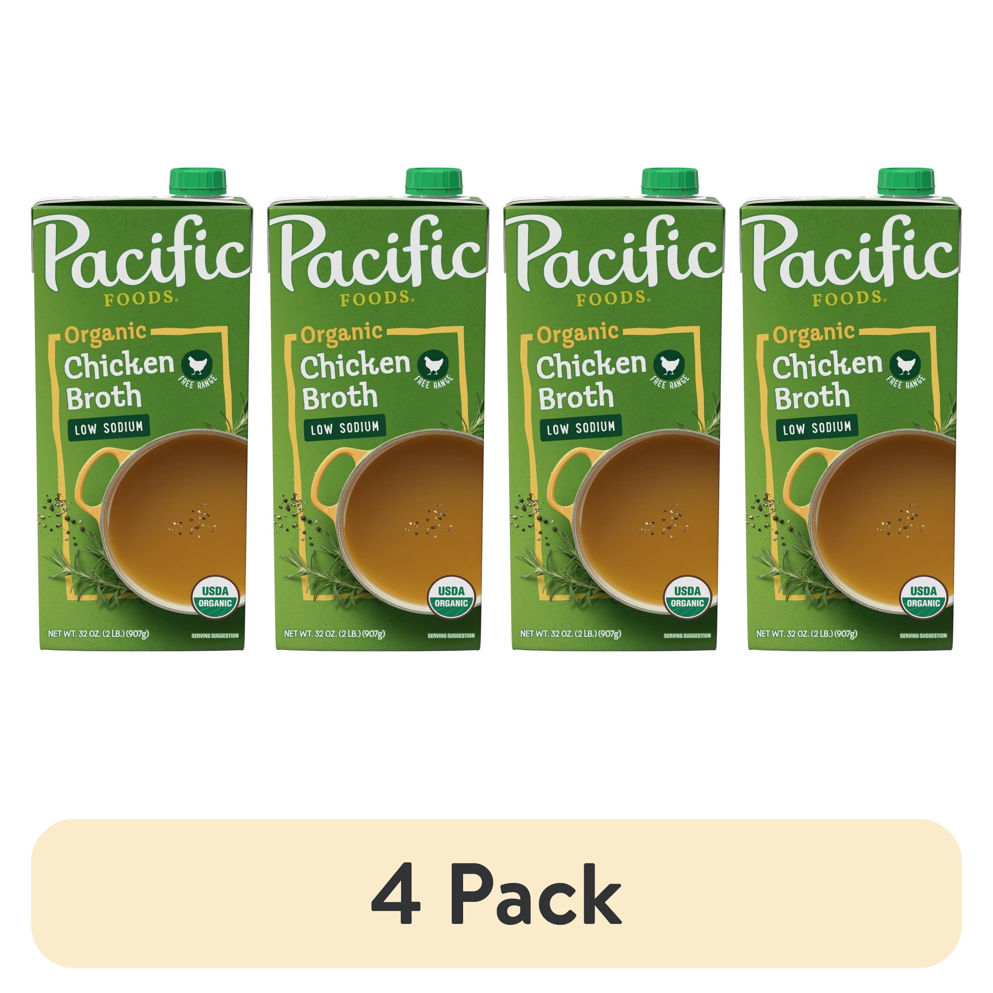 (4 pack) Pacific Foods Low Sodium Organic Free Range Chicken Broth, 32 oz Carton