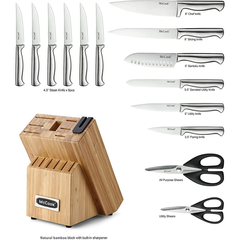 McCook MC21B Black Knife Set, 15 PCS High Carbon One Piece Forged Stainless  Steel Kitchen Knife Set, Knife Set with Block and Built-in Sharpener ,6