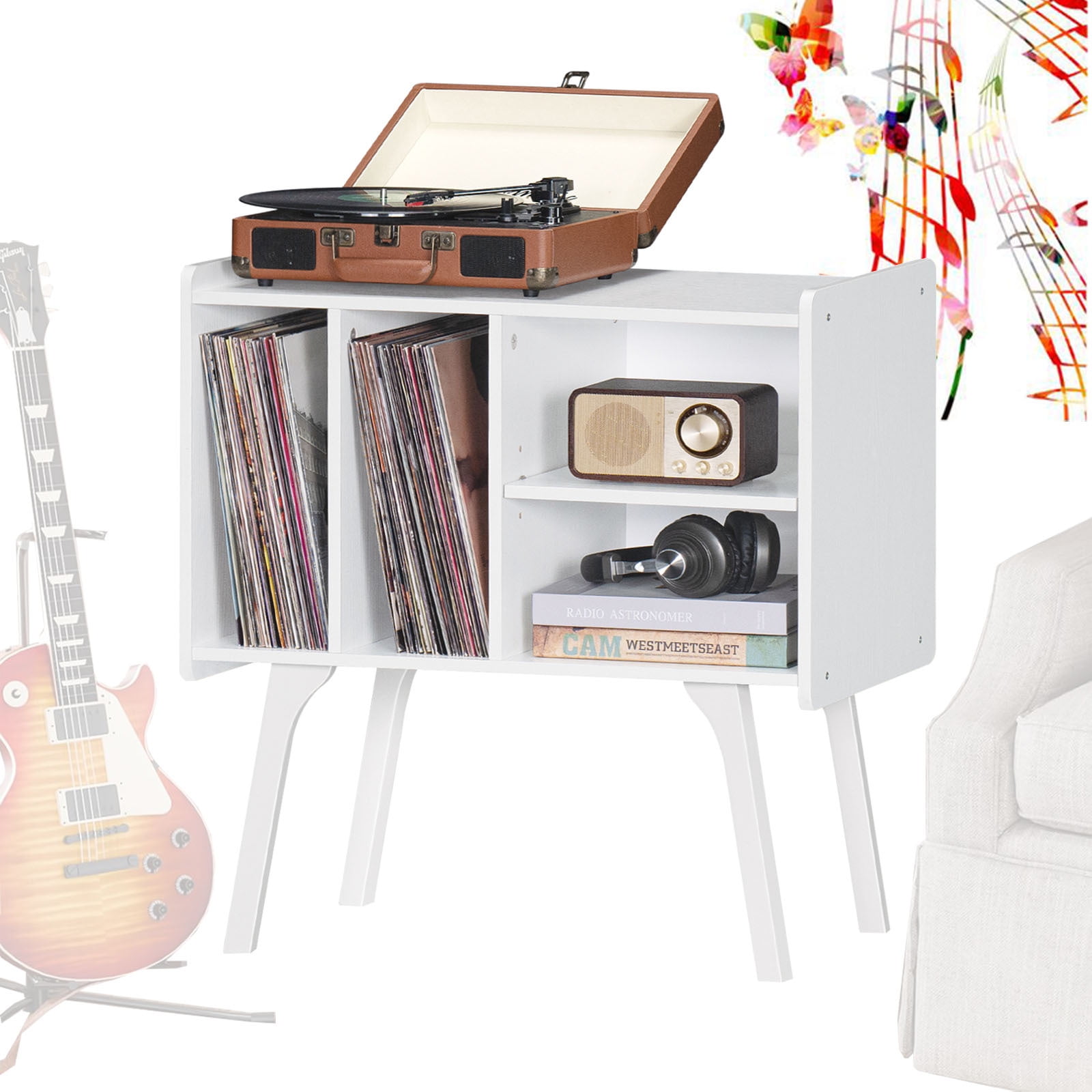 Record Player Stand with Storage, Vinyl Record Storage Table, Turntable Stand Holds Up to 120 Albums, Vinyl Record Stand for Living Room, White