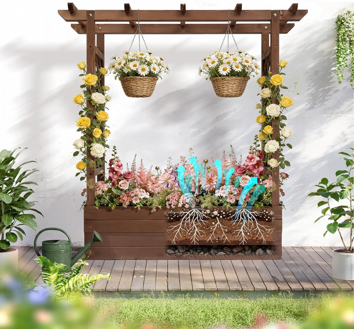 Raised Garden Bed with Trellis, Wood Planter Box with Hanging Roof, Side Trellis and Drainage Holes, Above Ground Elevated Garden Bed for Outdoor Climbing Plants Vegetables(Carbonized Color)