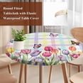 thumbnail image 4 of Tulips Spring Floral Round Tablecloth, Fitted Table Cover with Elastic for 55"-60" Round Tables, Flowers Butterfly Plaid Pastoral Table Cloth Outdoor Indoor Dinning Party Waterproof Tablecloths, 4 of 7