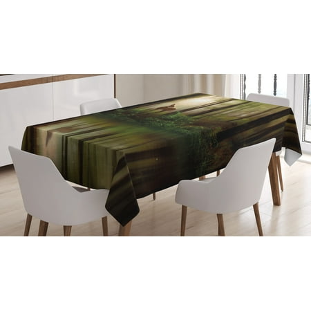 - Nature Tablecloth, Baby Deer in the Forest with Reflection on Lake Foggy Woodland Graphic, Rectangular Table Cover for Dining Room Kitchen, 60 X 84 Inches, Fern Green Cocoa Brown, by Ambesonne