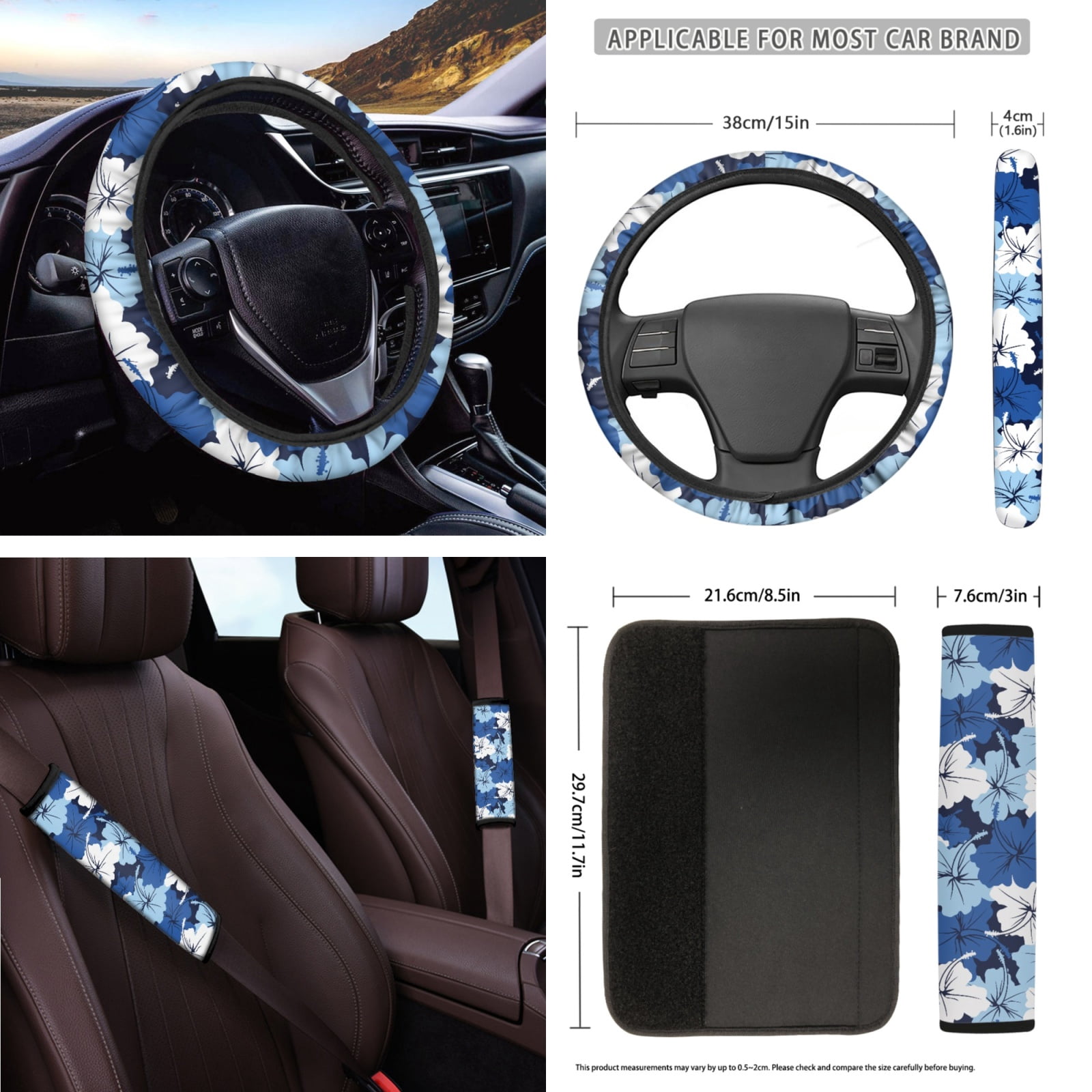 Yuyamidu Blue Hibiscus Car Seat Covers Full Set of 16 Flower Steering Wheel Cover Seatbelt Pads Coasters Sunshade Rear View Mirror Cover Key ChainGear Shift Cover Hand Brake Cover Universal Fit