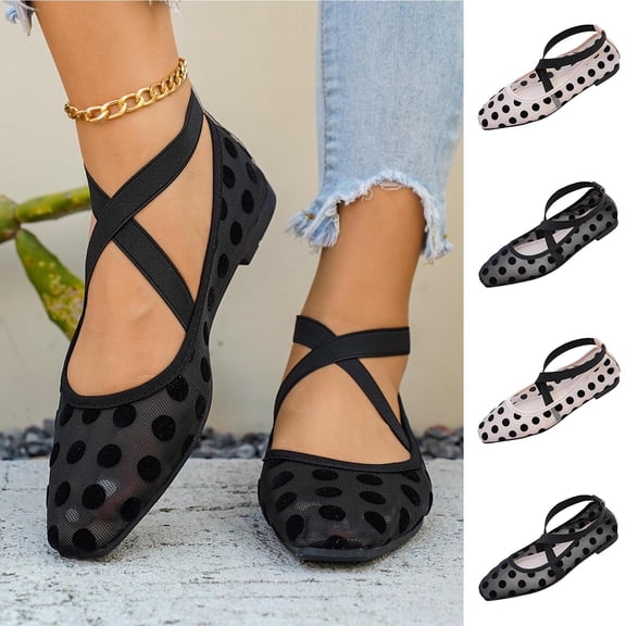 Jamicy Flats Shoes for Women Polka Dots Mesh Ballet Flats Bowknot Pointed Toe Ballerina Flats Closed Toe Comfortable Casual Work Shoes
