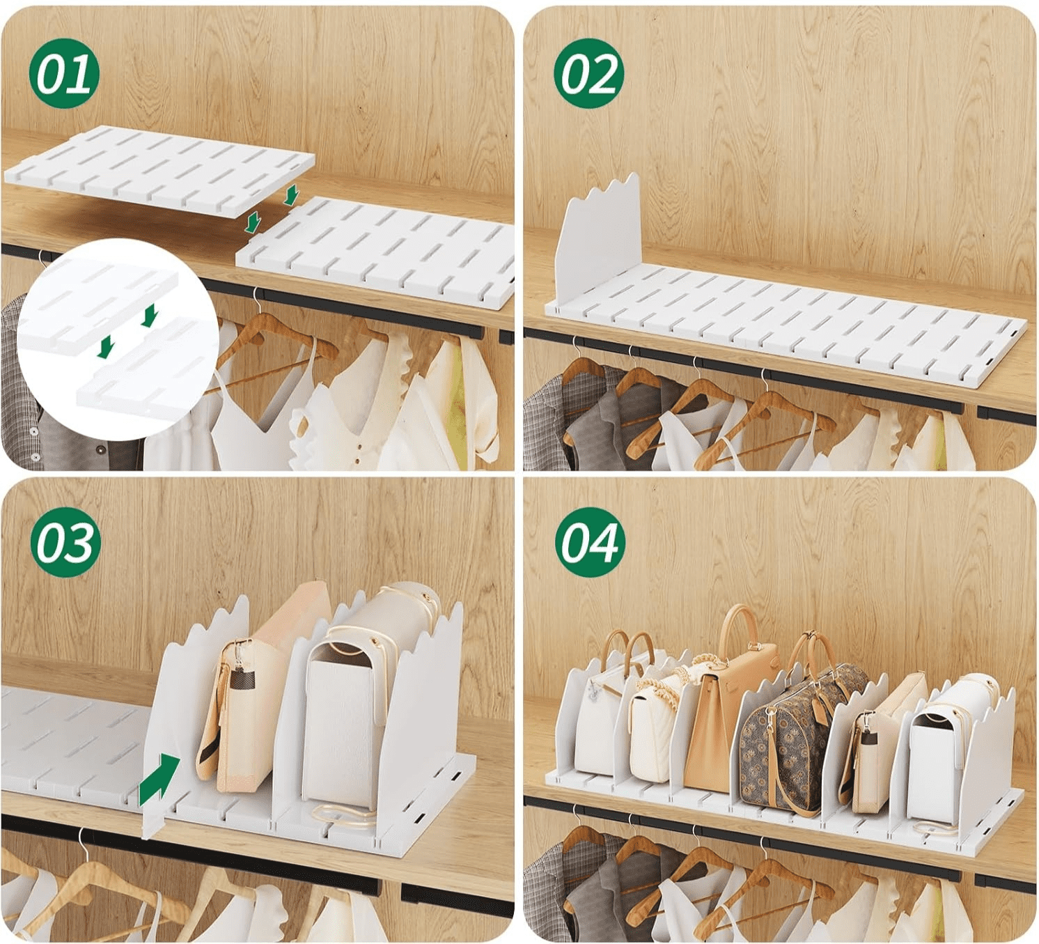 LLMRR Closet Organizers and Storage, Purse Organizer for Closet, Closet Shelf Organizer, Shelf Dividers for Closet Organization, Storage for Purses in Closet, Handbag Storage Organizer, White, 2 Pack