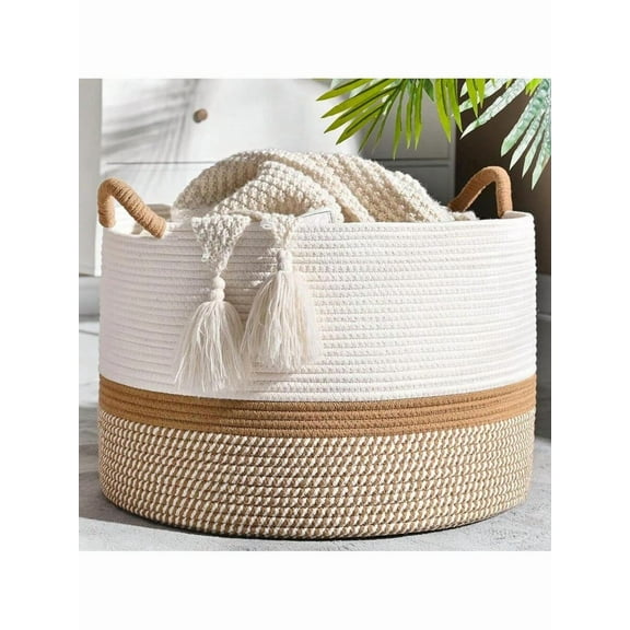 Extra Large Cotton Rope Blanket Basket (20" x 13"), Woven Storage Basket for Living Room, Decorative Tall Baby Laundry Basket for Nursery, Toy Box & Pillow Organizer