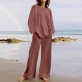 thumbnail image 2 of ibuvkizy Two Piece Sets for Women Fall Outfits,Summer Women's Casual Shoulder Sleeved Long Sleeved Round Neck Top/Loose Straight Tube with Pocket Long Pants Set Pink,L, 2 of 6