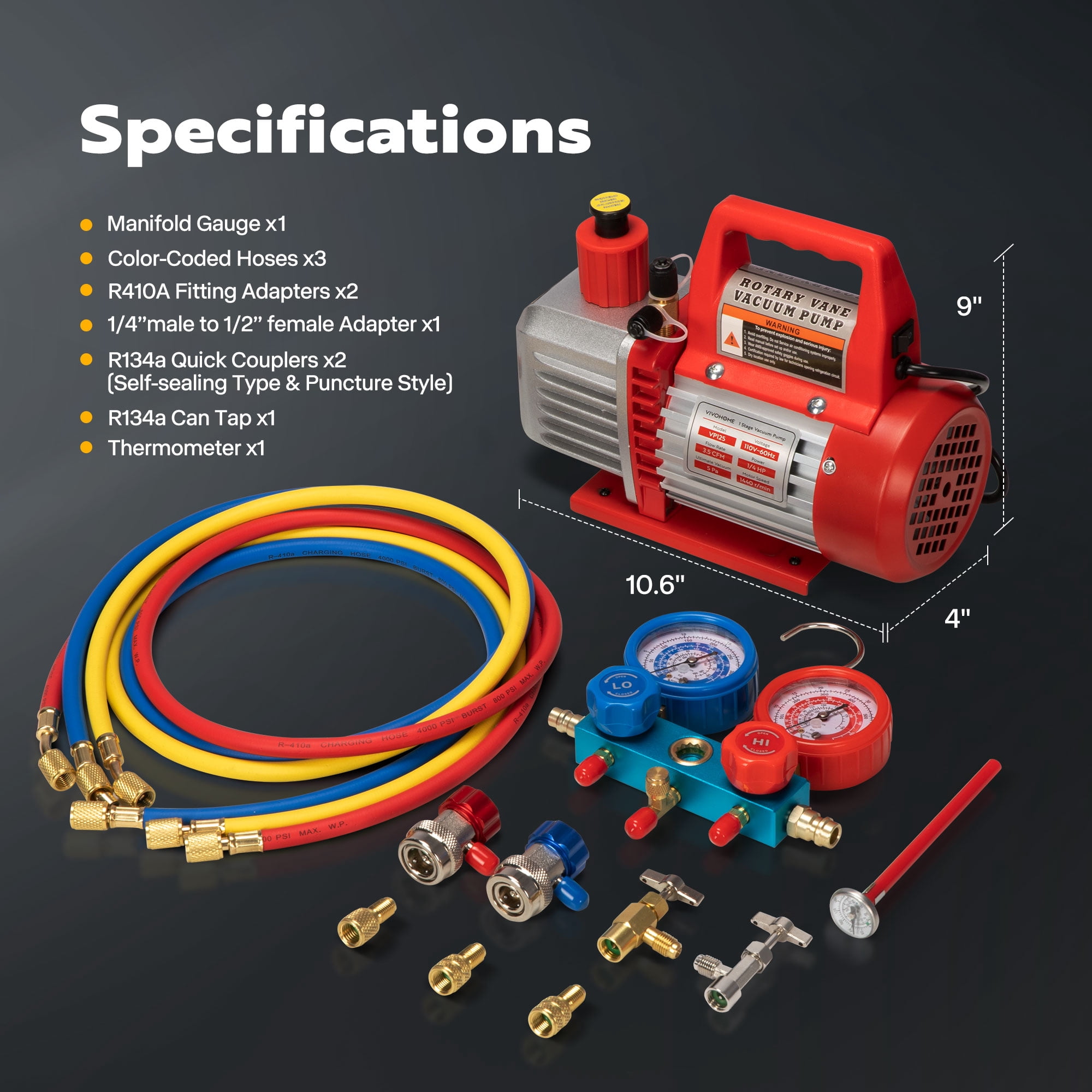 SPECSTAR 110V 1/3 HP 4CFM Single Stage Rotary Vane Air Vacuum Pump and AC Manifold Gauge Set Kit with Leak Detector for R134a R12 R22 R502 R410a HVAC Air Conditioning Refrigeration Recharging, Red