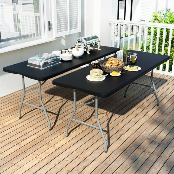 2 Pack Foldable Table 6ft, Plastic Folding Table, Portable Heavy Duty Dining Tables with Lock Function & Carrying Handle, Outdoor Indoor Foldable Tables for Camping Party Picnic, Black