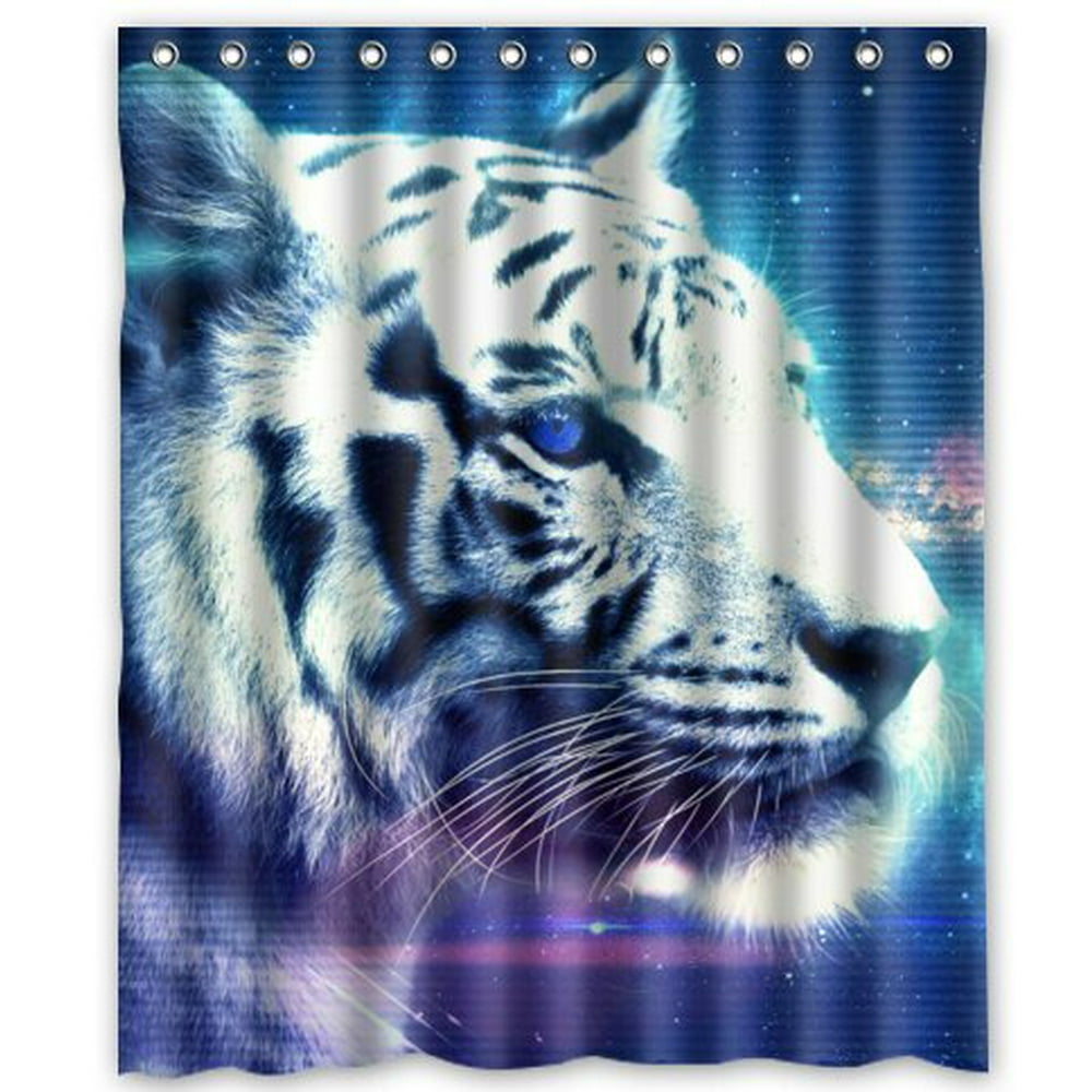GreenDecor Bengal Tiger Blue Eyed Royal White Waterproof Shower Curtain