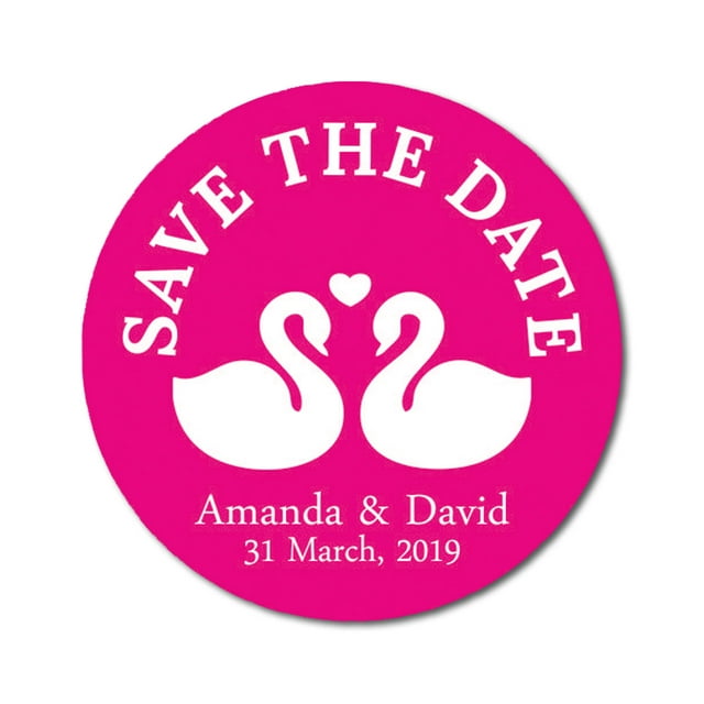 Darling Souvenir Round 45 Pcs Loving Swans Save The Date Stickers Personalized Bride Groom Names And Date Envelope Seals - Fuchsia Pink