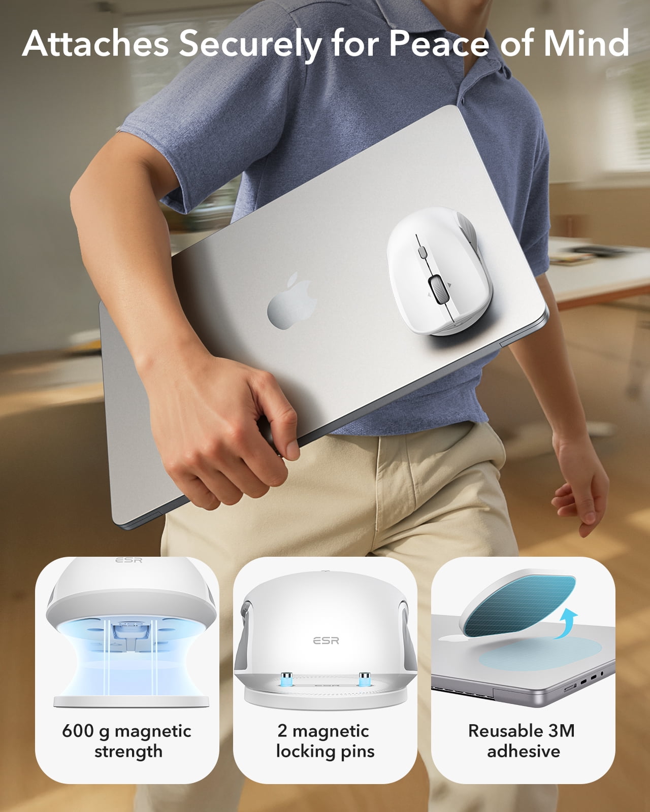ESR MagMouse Bluetooth Wireless Mouse Compatible with Laptops, Rechargeable with Built-in Cable & Reusable Adhesive Holder, BT 5.0 + 2.4 GHz Silent Ergonomic, White