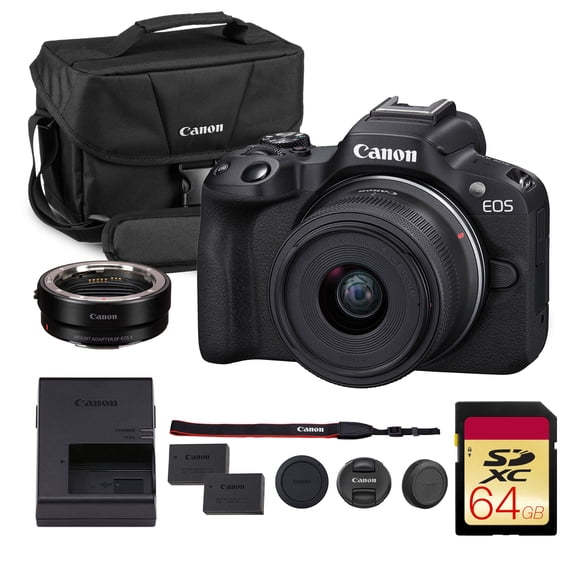 Canon EOS R50 Mirrorless Camera Kit – APS-C RF Camera with 18-45mm Lens, 4K Video, Dual Pixel AF II & Vari-Angle Touchscreen (5811C012)   Canon Adapter EF-EOS R   LP-E17 Battery   More
