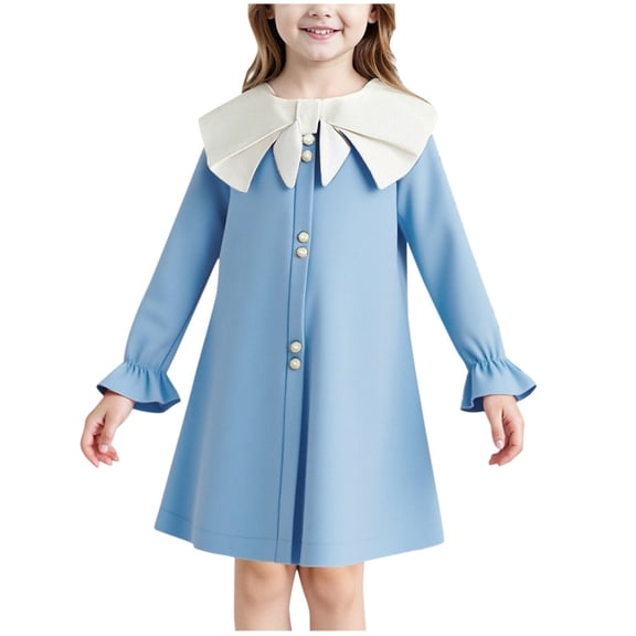 SERTG Girls Floral Lace Dress Round Neck Bow Collar Long Sleeved Dress Children Casual Spring Summer Everyday Skirt for Kids(Light Blue,7-8 Years)