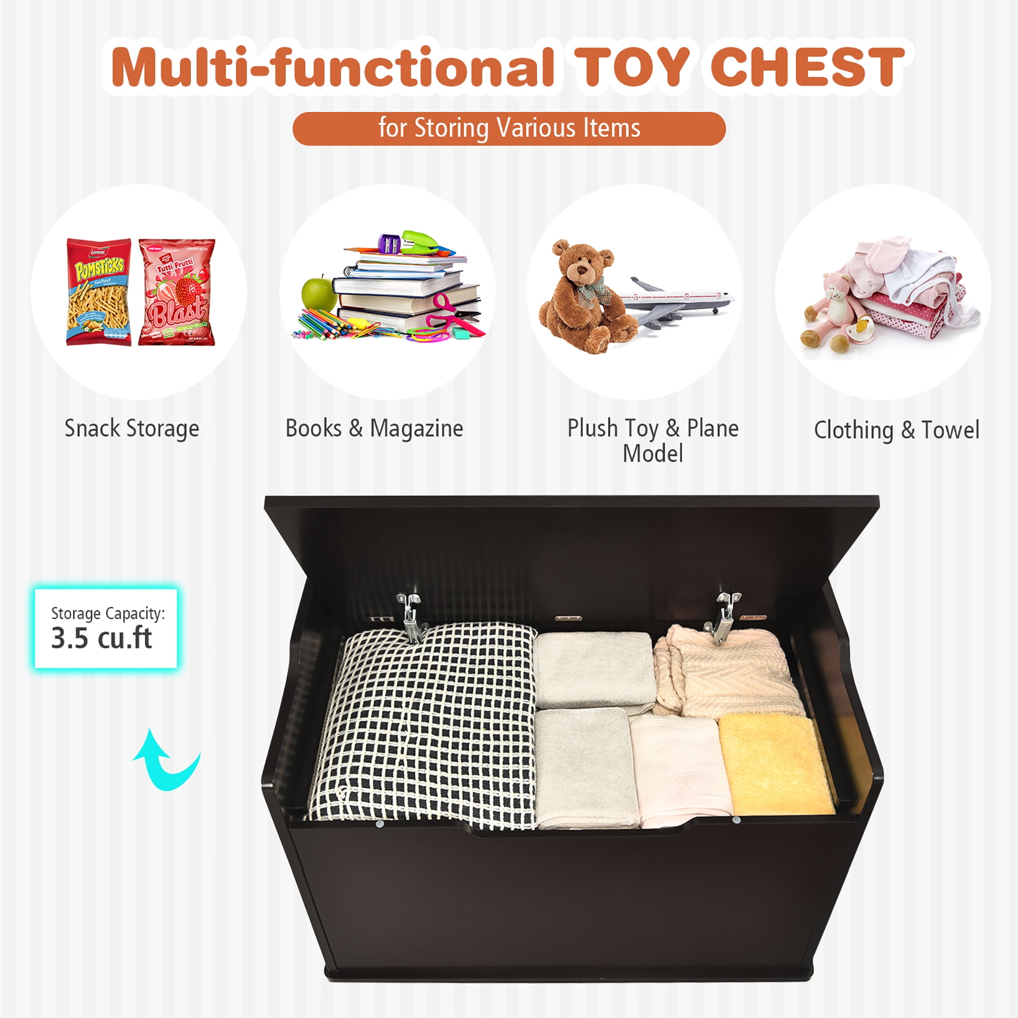 Costway Kids Toy Box Wooden Flip-top Storage Chest Bench W/ Cushion Safety Hinge Brown
