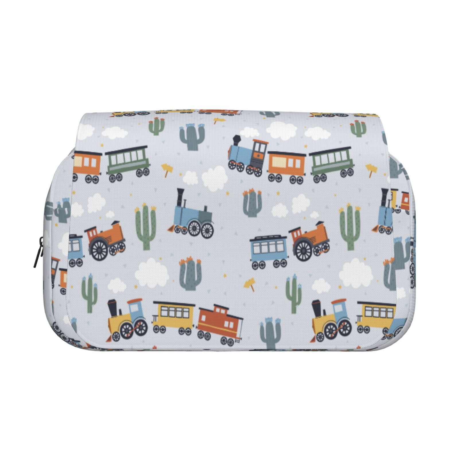 Rateoe Trains And Cactuse Pattern Double Clamshell Pen Case, Storage Organizer with Two Zipper Compartments– Holds Up to 50 Pencils & Pens