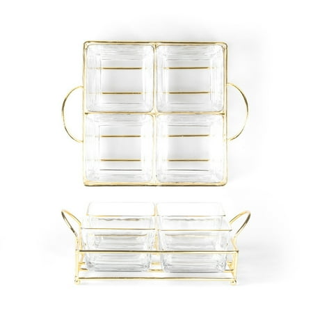 

Ksruee Appetizer Bowls with Rack | Appetizer Serving Tray | 4 Sectional Appetizer Server Set with Metal Rack Glass Serving Tray for Snack Nut Fruit Veggie Great for BBQ Party