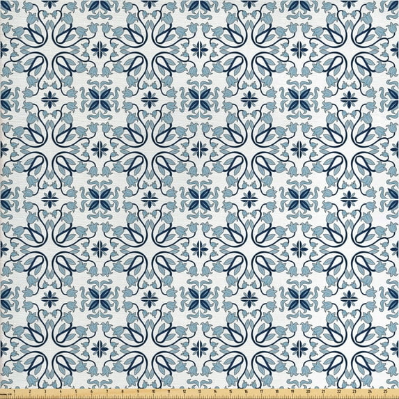 Ethnic Fabric by the Yard, Medieval Persian Palace Flower Leaf Shapes Inspired Motifs Art Print, Upholstery Fabric for Dining Chairs Home Decor Accents, Pale Blue by Ambesonne