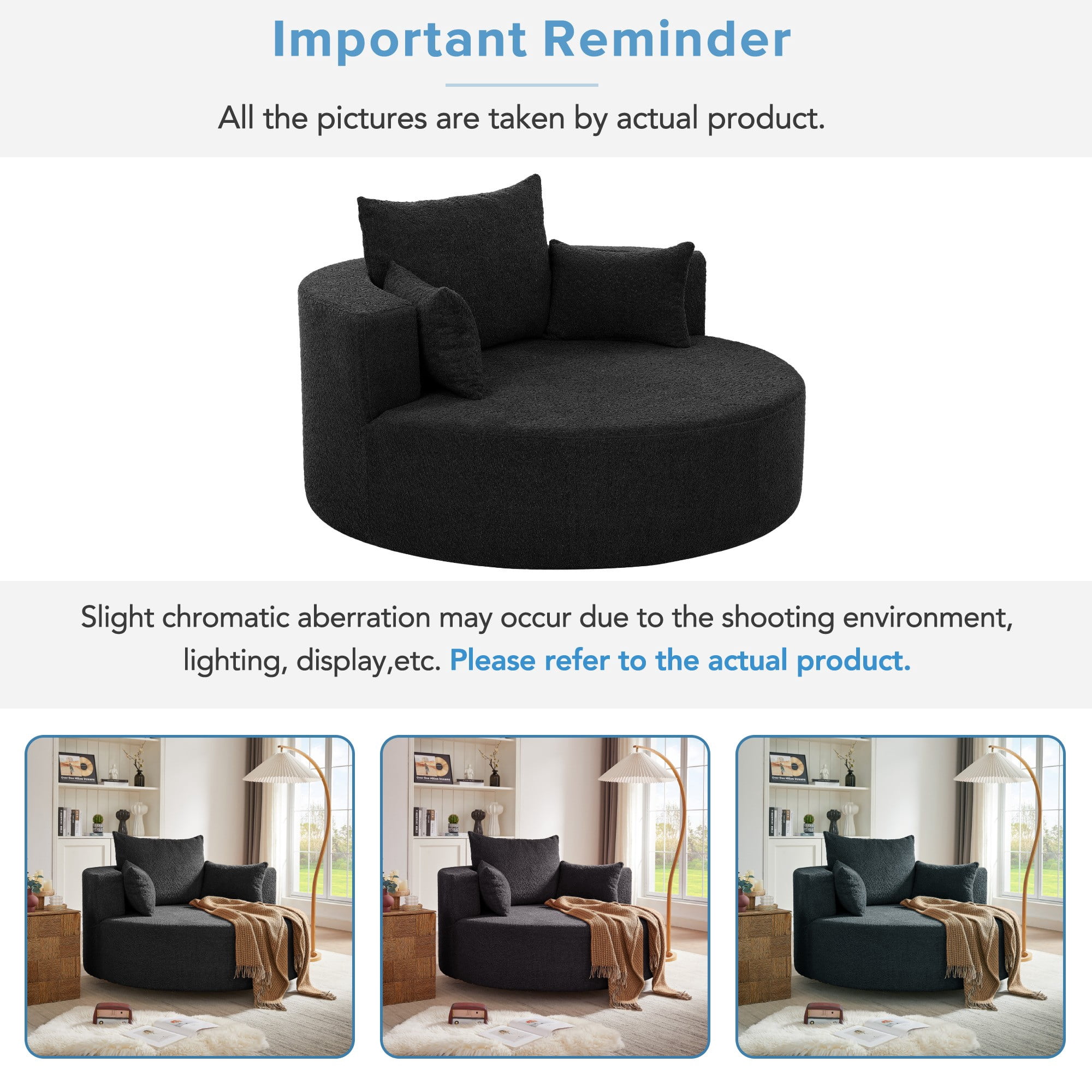 Swivel Round Sofa Couch Sofa Bed,360° Swivel Chair Accent Barrel Chair with 3 Removable Pillows for Living Room, Bedroom,Black