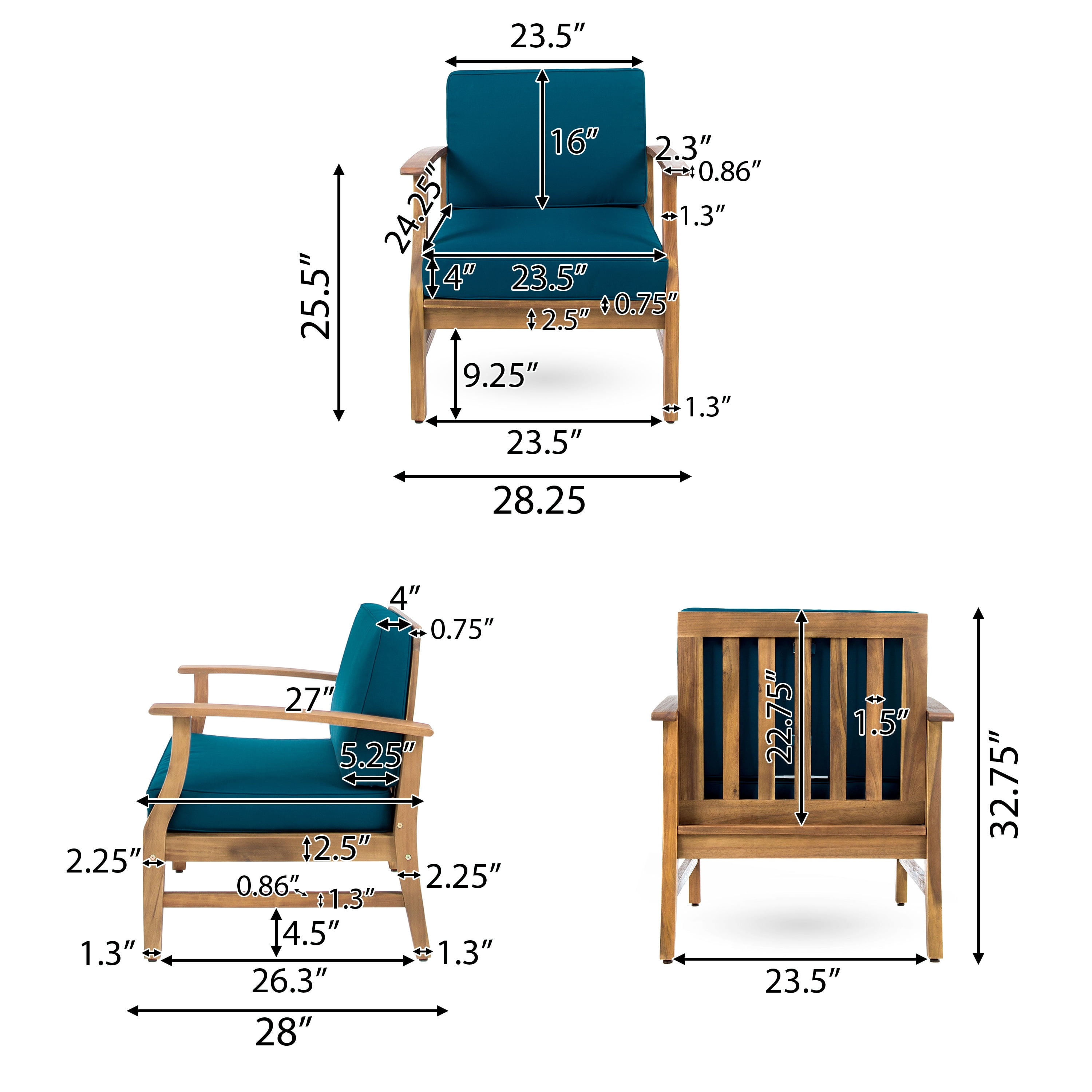 Karla Outdoor 4 Seater Acacia Wood Club Chairs with Cushions and Fire Pit,Brown,Teak,Blue