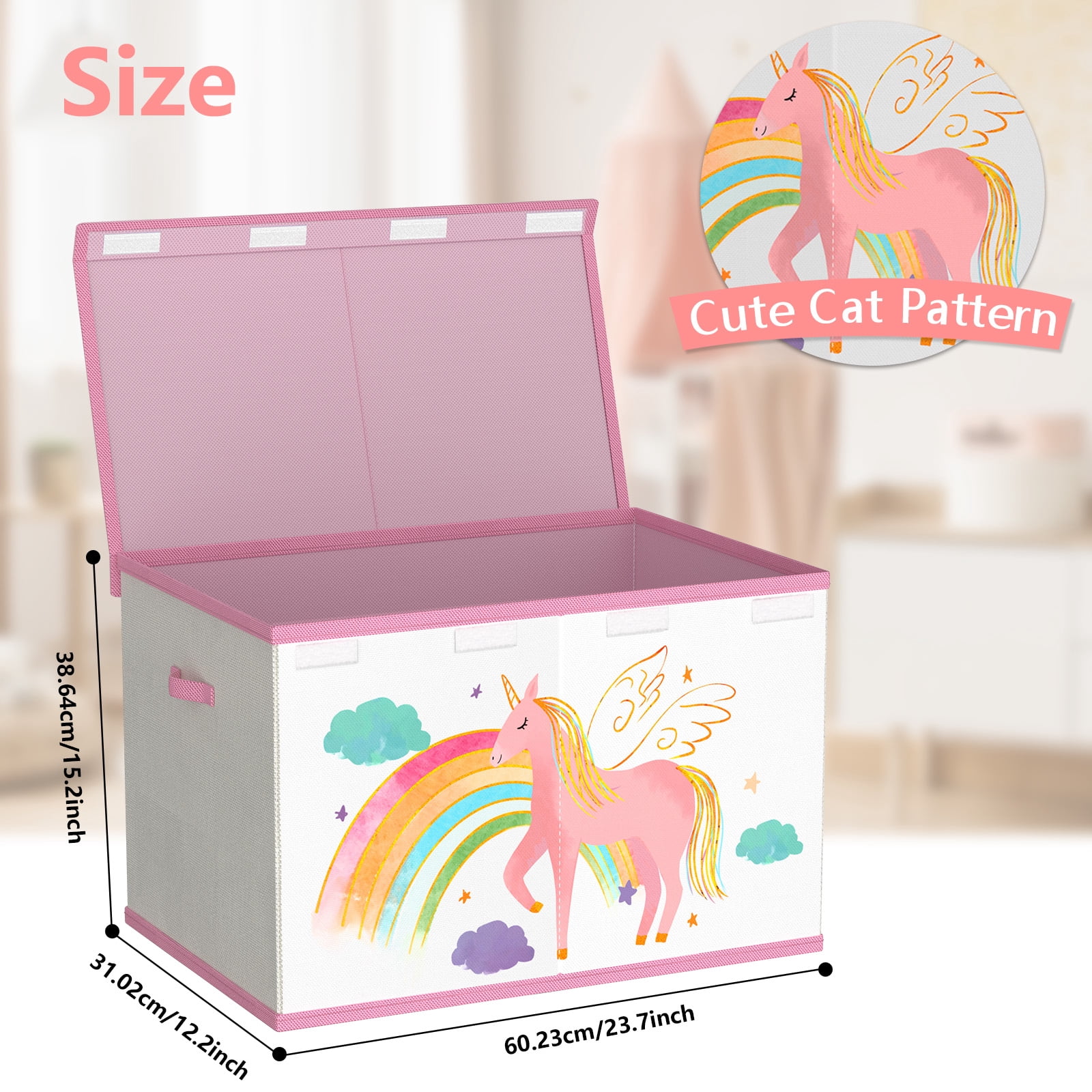 Toy Storage Box with Lids for Girls Boys - Fabric Large Kids Toy Chest Container, Foldable Basket Organizer with 2 handles for Toys, Books, Blankets, Clothes (Beige&Pink)