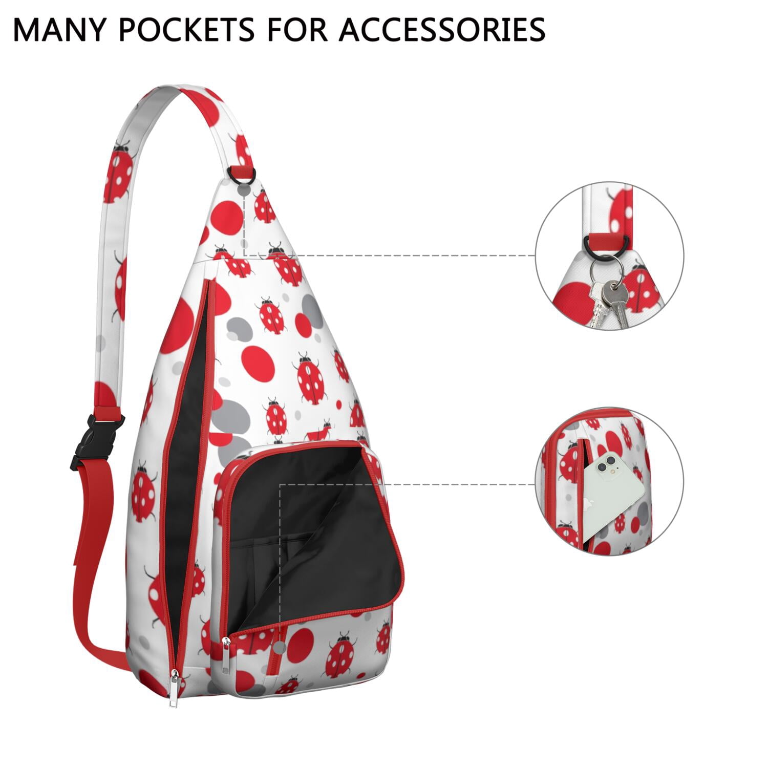 Cute Ladybug Print Sling Bag - Polka Dot Ladybird Crossbody Backpack for Women & Men, Water-Resistant Shoulder Daypack (Cartoon Nature Insect Design, Garden Themed Casual Bag)