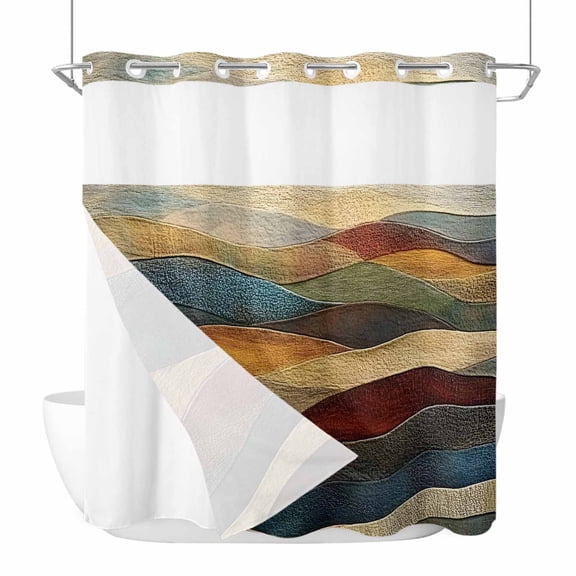 No Hook Shower Curtains with Detachable Snap-in Liner Set, Vintage Green Blue Waterproof Hotel Style Bathroom Shower Curtain, Farmhouse Retro Art Breathable Mesh Top Window Bath Curtains 72''x78''
