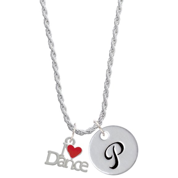 Delight Jewelry Silvertone I love Dance with Red Heart Silvertone Script Initial Disc - P - Charm Necklace, 20" 3"