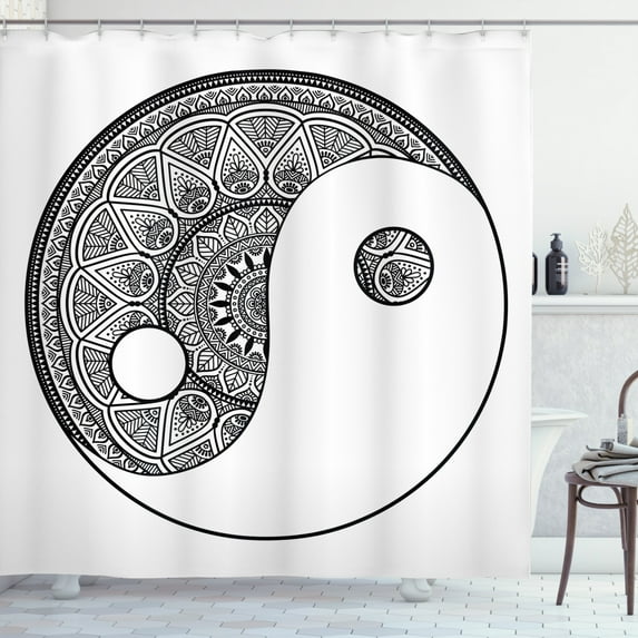 Ambesonne Mandala Shower Curtain, Traditional Ying Yang Sign, 69"Wx70"L, Black and White
