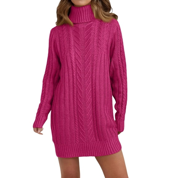 Chunky Knit Dress, High Neck Long Sleeve Ribbed Bodycon Sweater Dress, Warm Outfit for Winter, Christmas Photos & Cozy Indoor Days Hot Pink S