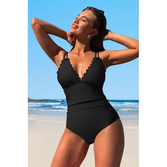 Scalloped V Neck Cut Out Monokini Swimwear for Women
