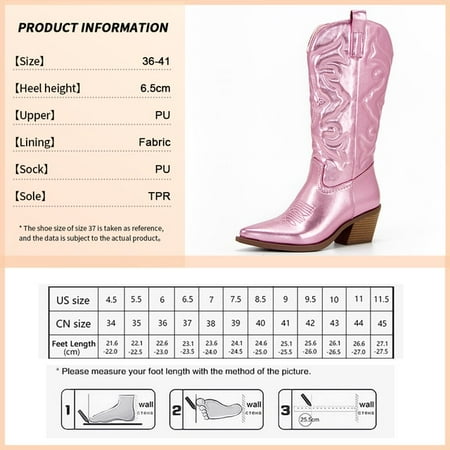 

GOGD Cowboy Pink Cowgirl Boots For Women 2022Fashion Zip Embroidered Pointed Toe Chunky Heel Mid Calf Western Boots Shinny Shoes