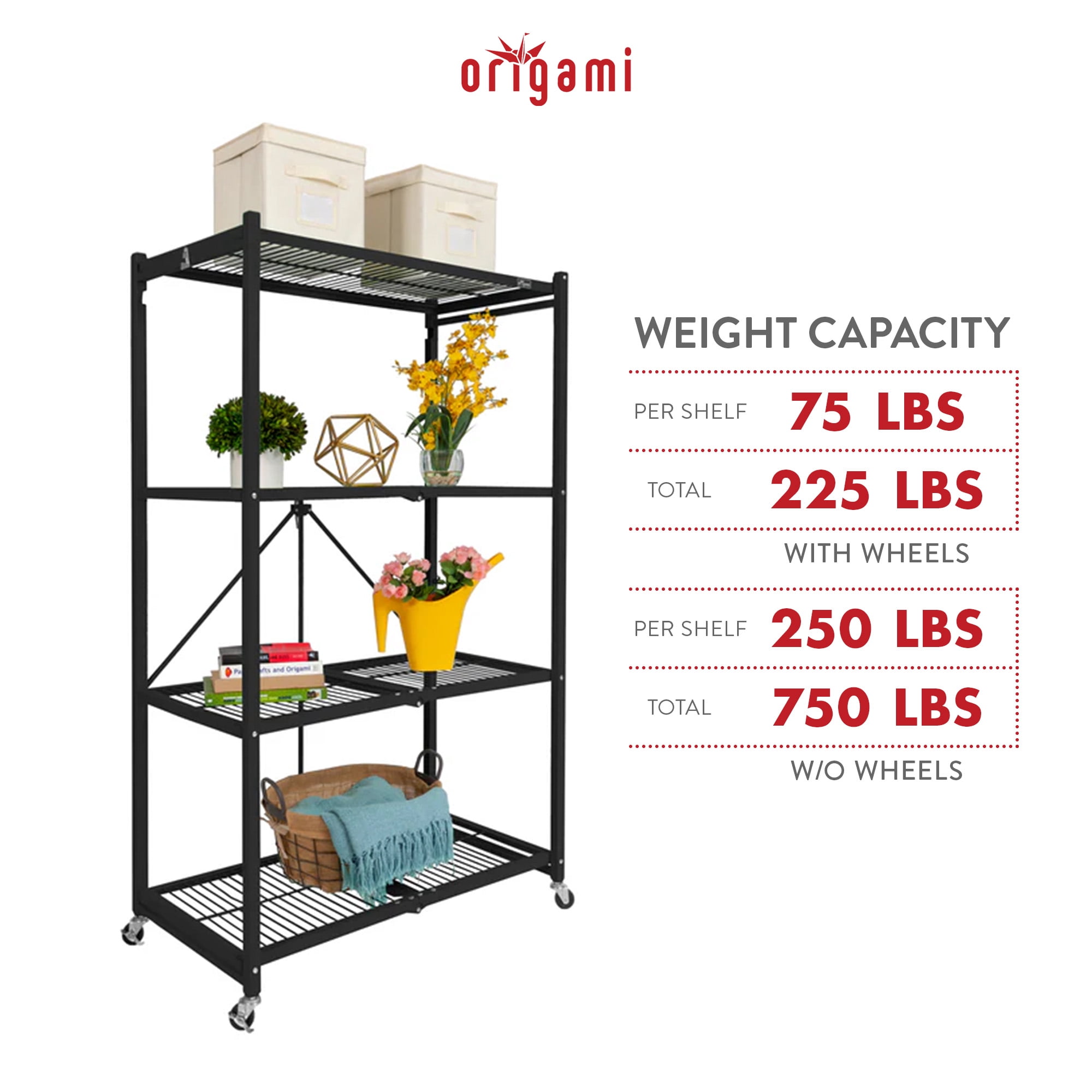 Origami R5 4-Shelf Heavy-Duty Folding Metal Storage Rack Unit with Wheels, Black