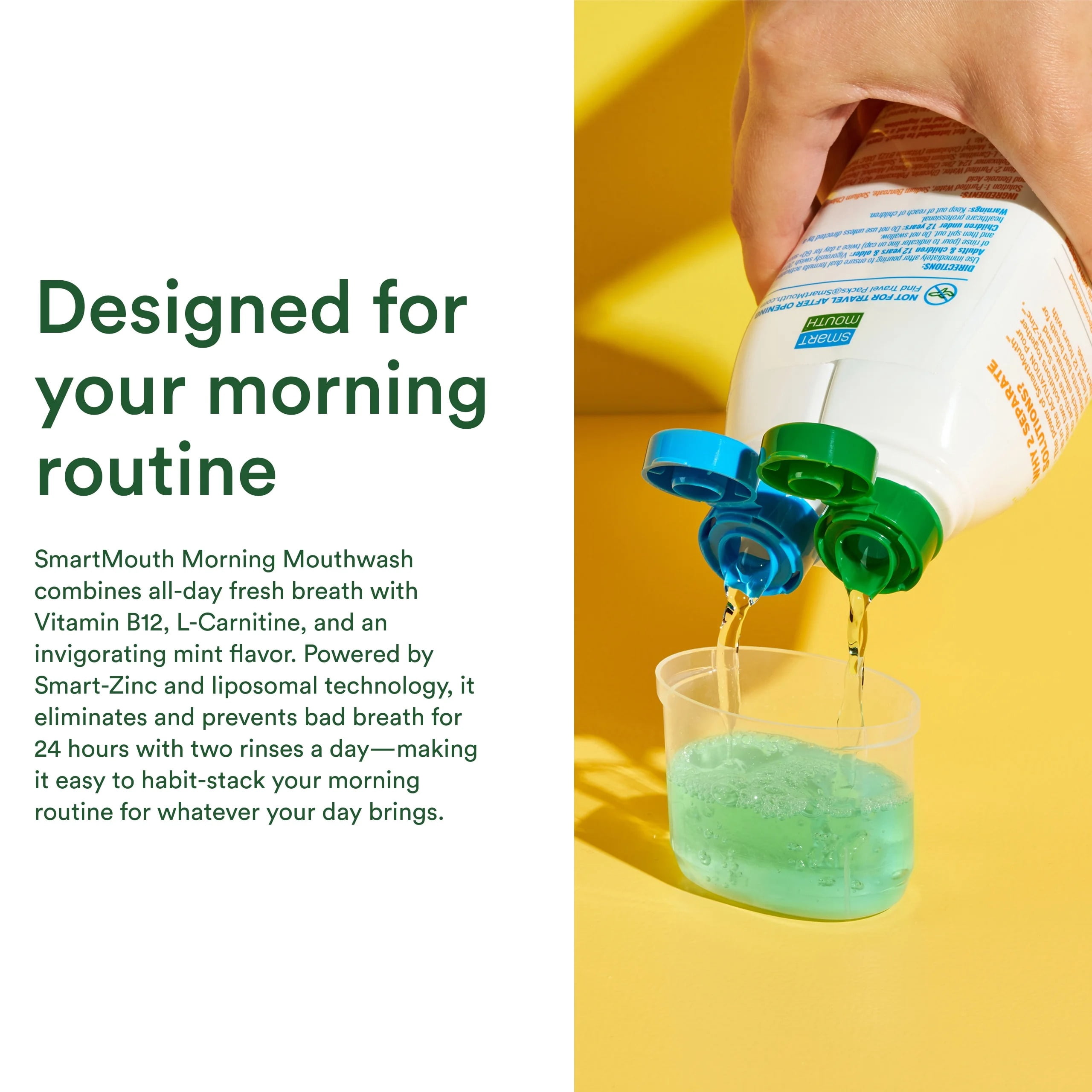 SmartMouth Advanced Liposomal Morning Mouthwash - All-Day Fresh Breath - Vitamin B12 & L-Carnitine - Dual-Solution Zinc-Activated Morning Mouthwash - Invigorating Mint Flavor - 16 fl oz Each, 3-Pack