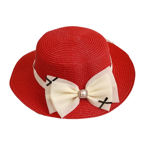 56-58cm hat circumference female bow flat top straw hat summer flat edge sunscreen sun hat outdoor outing seaside beach hat - red