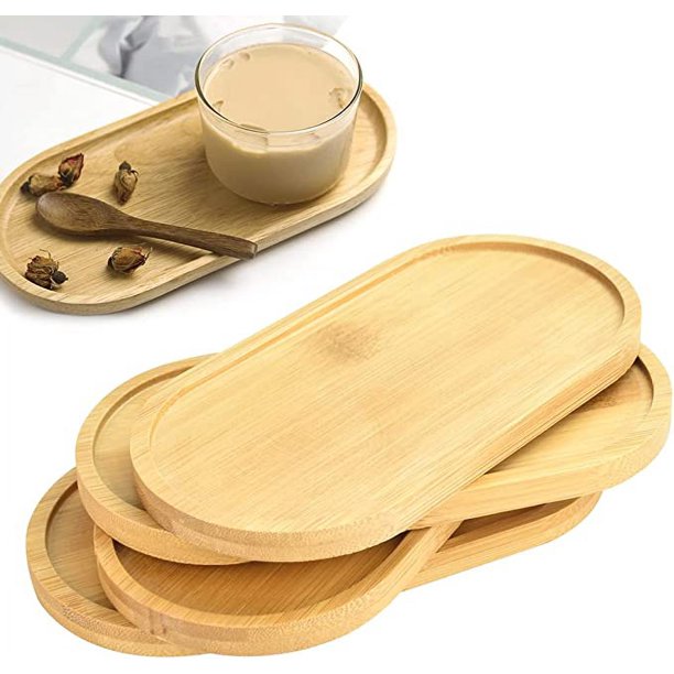(17,4 * 8,8 * 0,9 cm) 4 PCS Bandejas de bambú ovaladas Bandejas de madera para servir Bandeja de comida Bandeja de almacenamiento Pequeña bandeja de té ovalada para alimentos, tazas, joyas, macetas, c