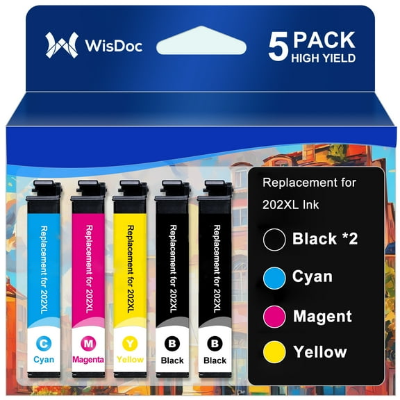 202XL Ink Cartridge for Epson XP-5100 WF-2860 Compatible with Epson Printer (2 Black, 1 Cyan, 1 Magenta, 1 Yellow, 5 Pack)