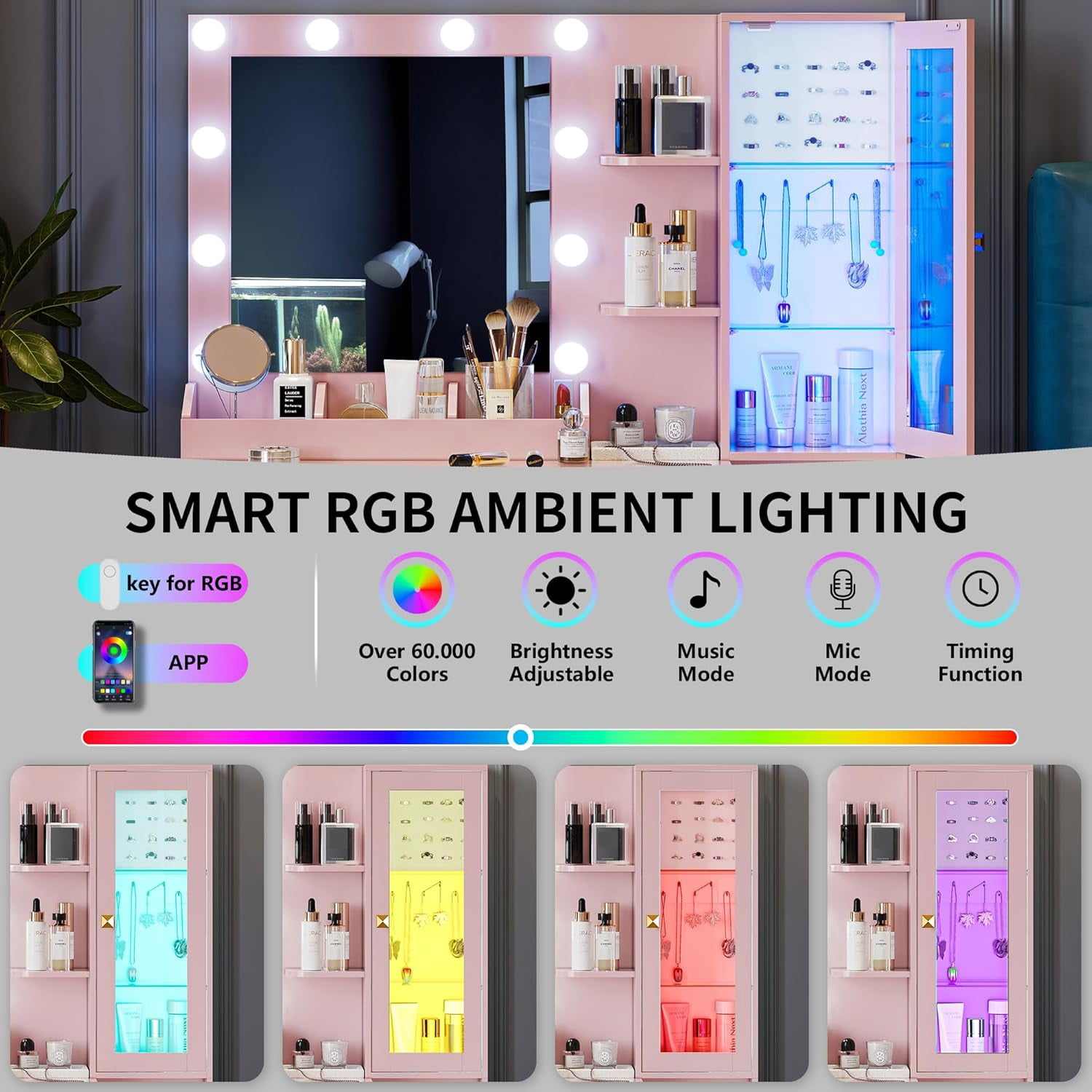FANRAL Vanity Desk with RGB Ambient Light,LED Mirror & Charging Station,Small Dressing Table with Glass Cabinet & Ample Storage for Bedroom Grooming,Pink Vanity
