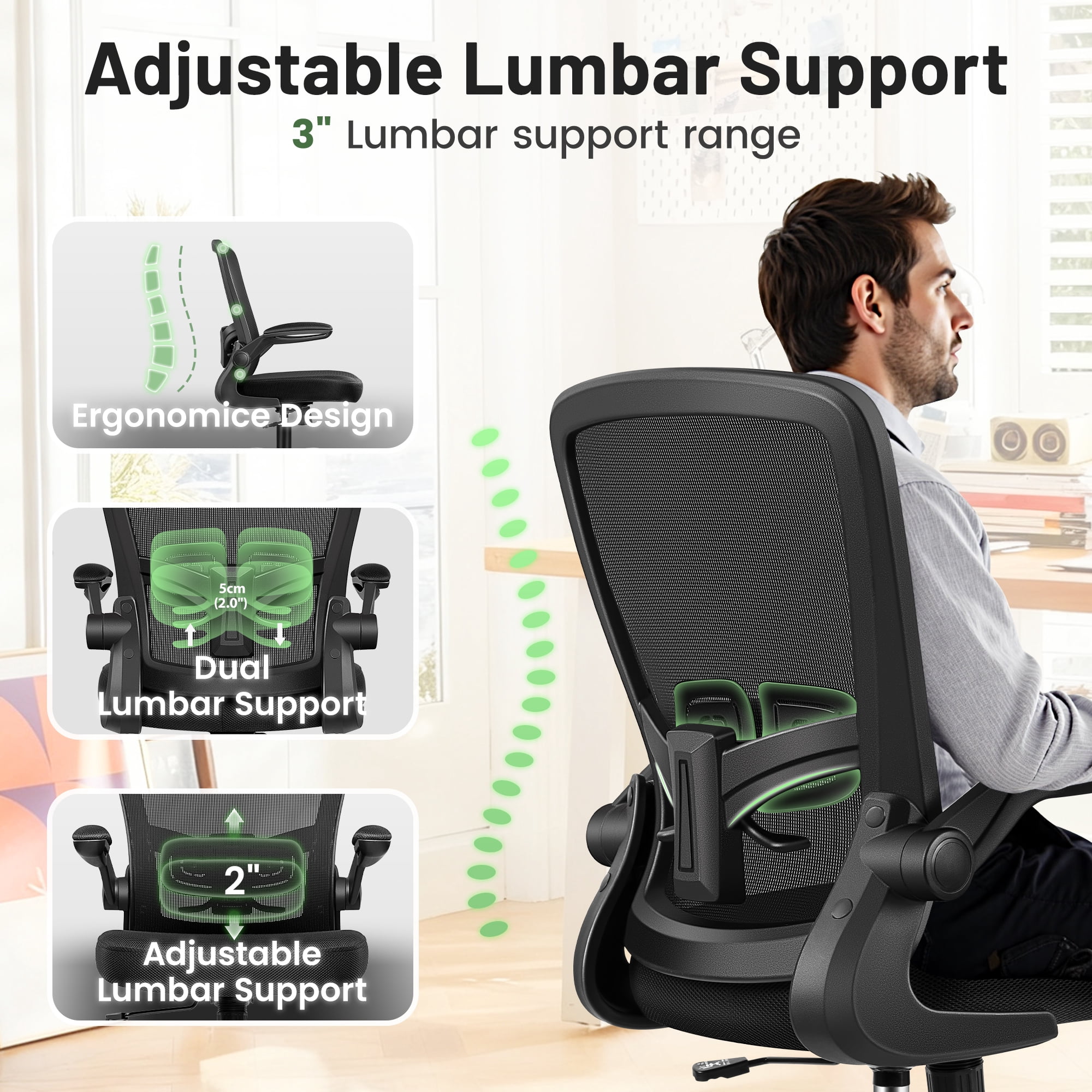 ATHOPE Office Chair, Ergonomic Desk Chair Breathable Mesh Home Office Chairs Adjustable High Back Lumbar Support Flip-up Armrests, Executive Rolling Swivel Comfy Computer Chairs Black