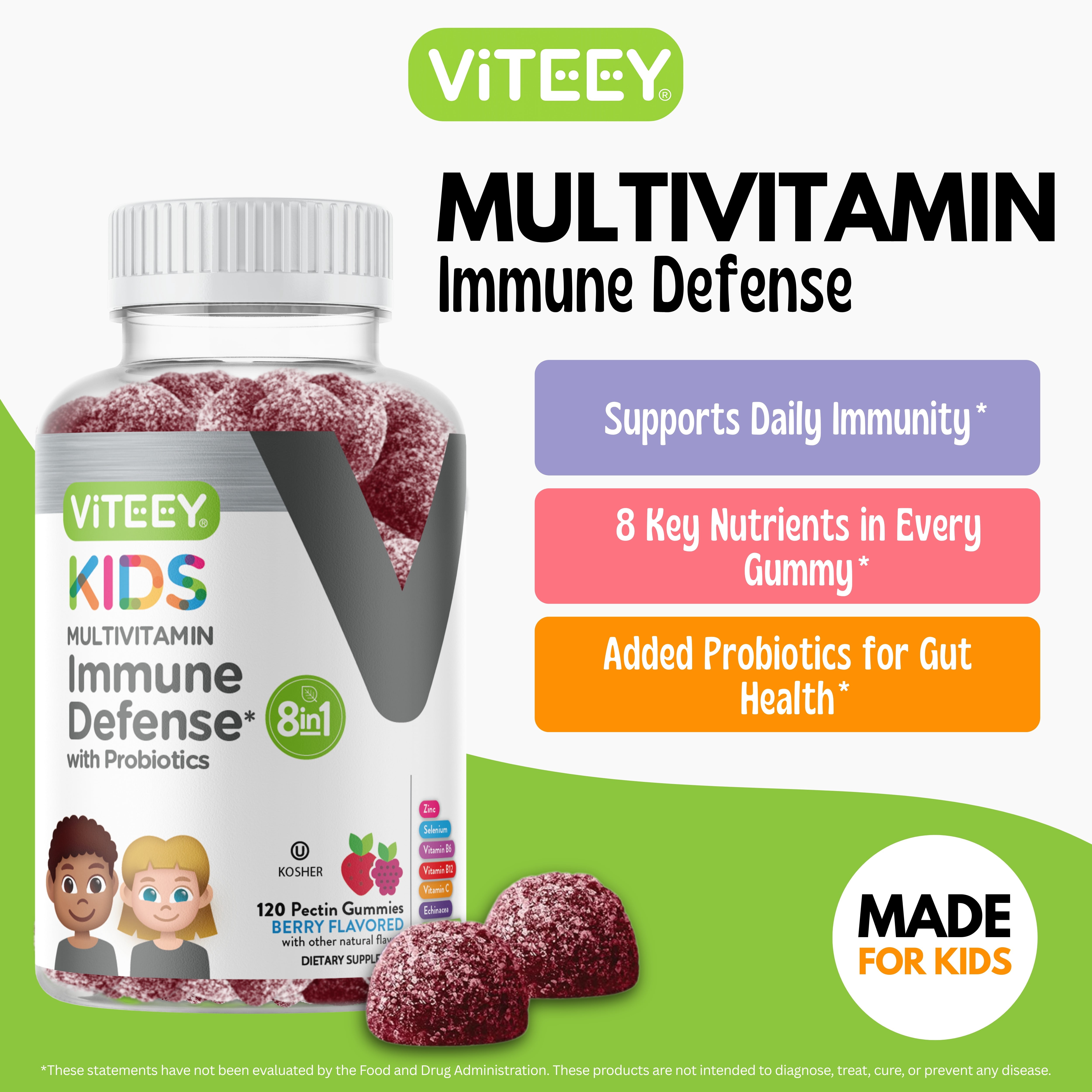 VITEEY Kids Multivitamin Gummies with Probiotics, Immune Support, Berry Flavor, 120 Ct