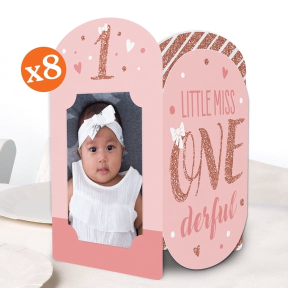 Big Dot of Happiness 1st Birthday Little Miss Onederful Photo Holder Centerpieces, 4x6 Picture Display Box, Pink Table Decoration Centerpiece for Girl First Birthday Party Decor, 8 Count