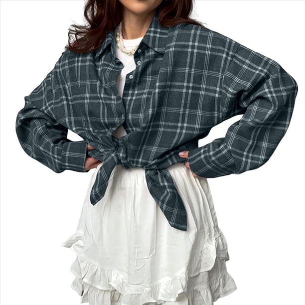 Camisas de Franela con Botones para Mujer, Camisas A Cuadros de Larga, Blusa Informal de Negocios. Verde A Cuadros L