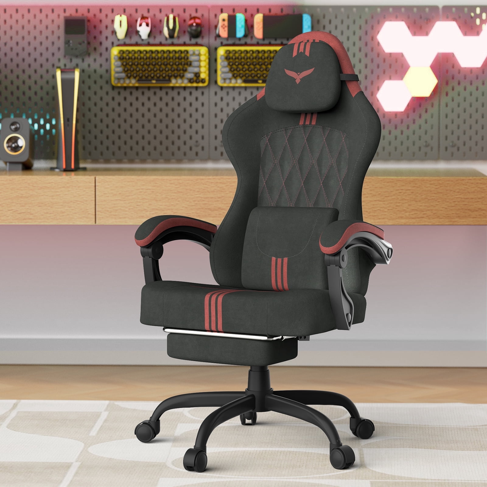 SOONTRANS Ergonomic Gaming Chair with Footrest, Adult Office Chair with Pocket Spring Cushion, Gamer Game with Massage Lumbar Cushion Linen Fabric, Reclining Computer Chair, Black & Red
