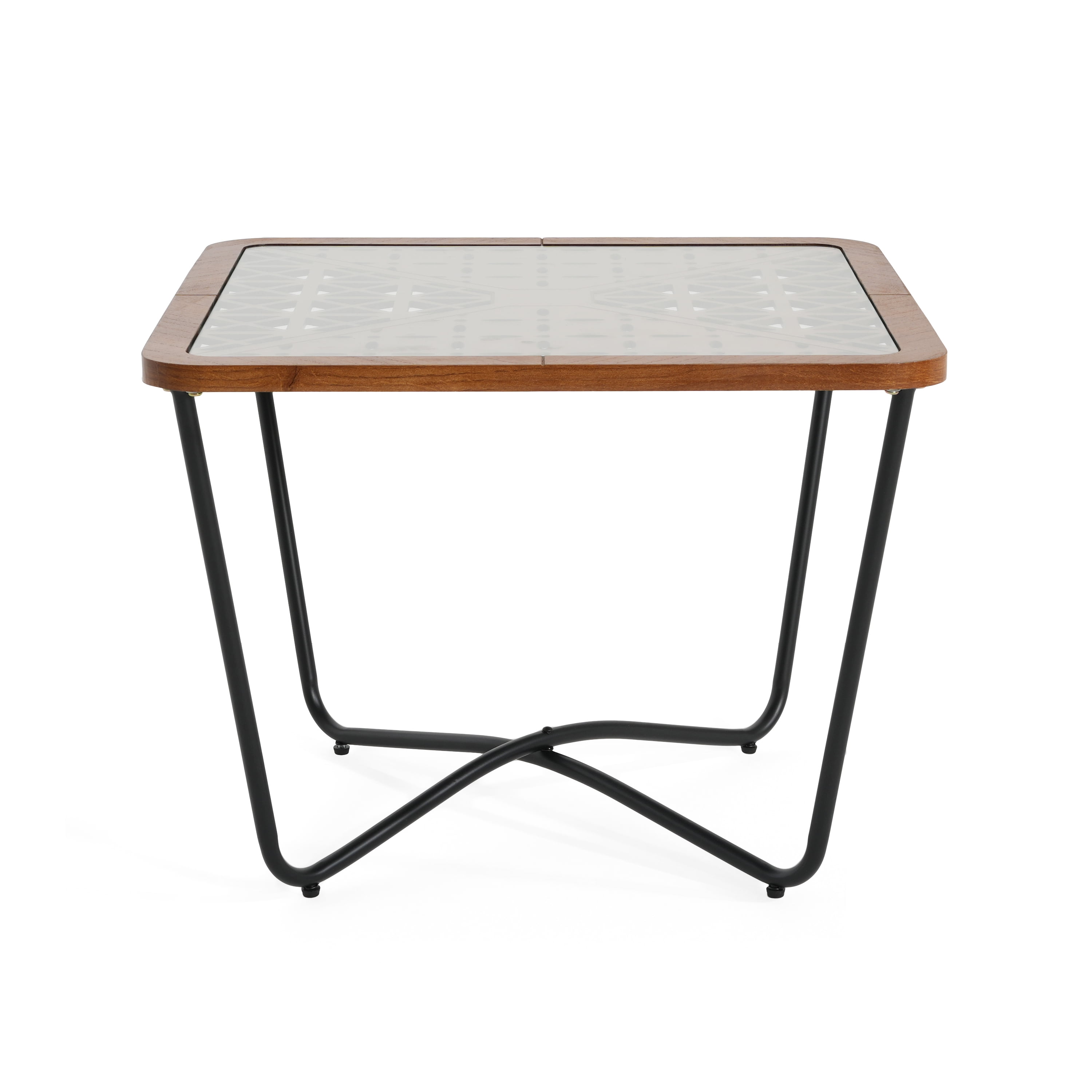 Coffee Table, Modern Square Coffee Table With Geometric Tempered Glass Top Black Metal Frame And Wood Accents, Industrial Design For Living Room, Brown Black