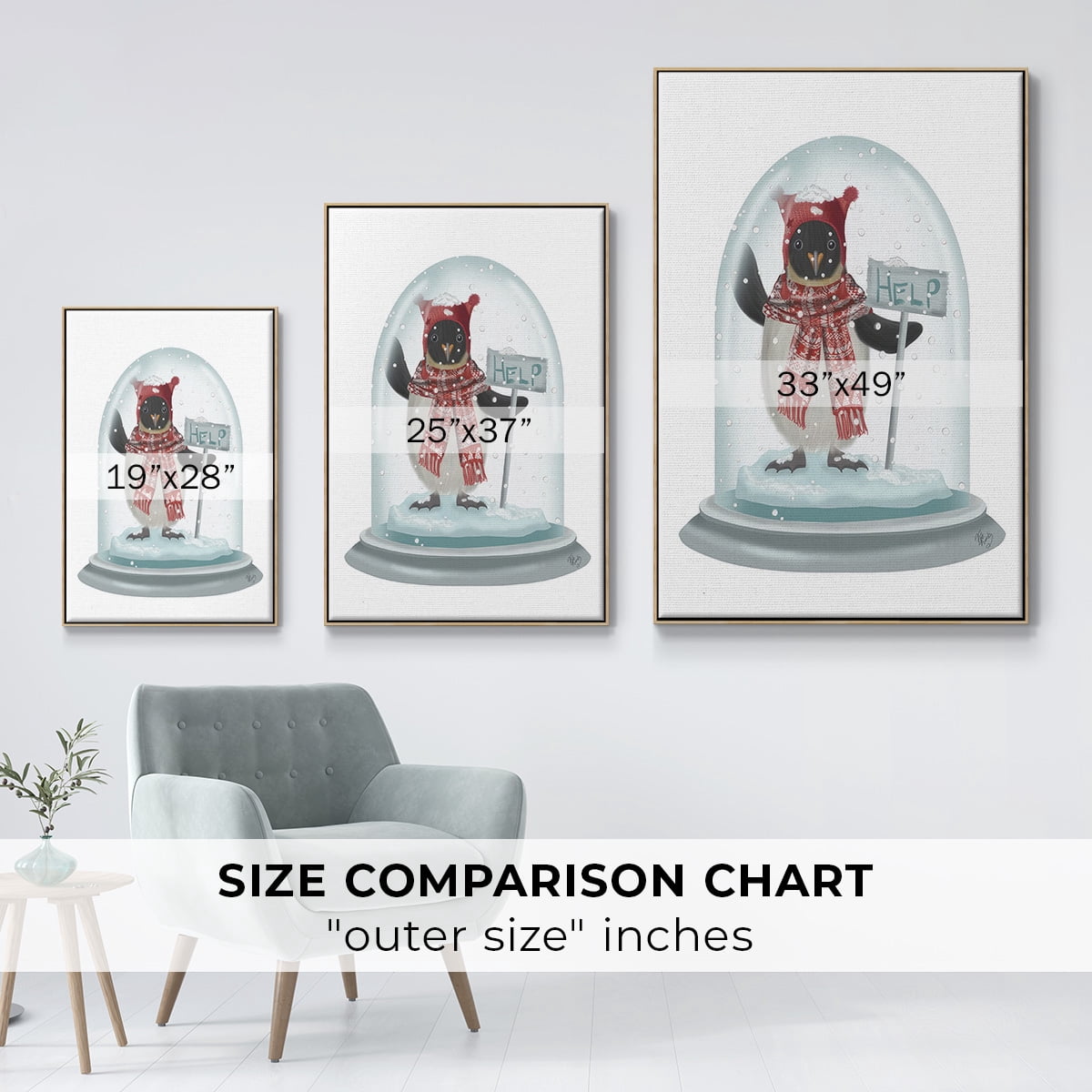 Christmas Penguin Snow Globe - Framed Gallery Wrapped Holiday Canvas - 27 x 41 - Natural Wood Frame