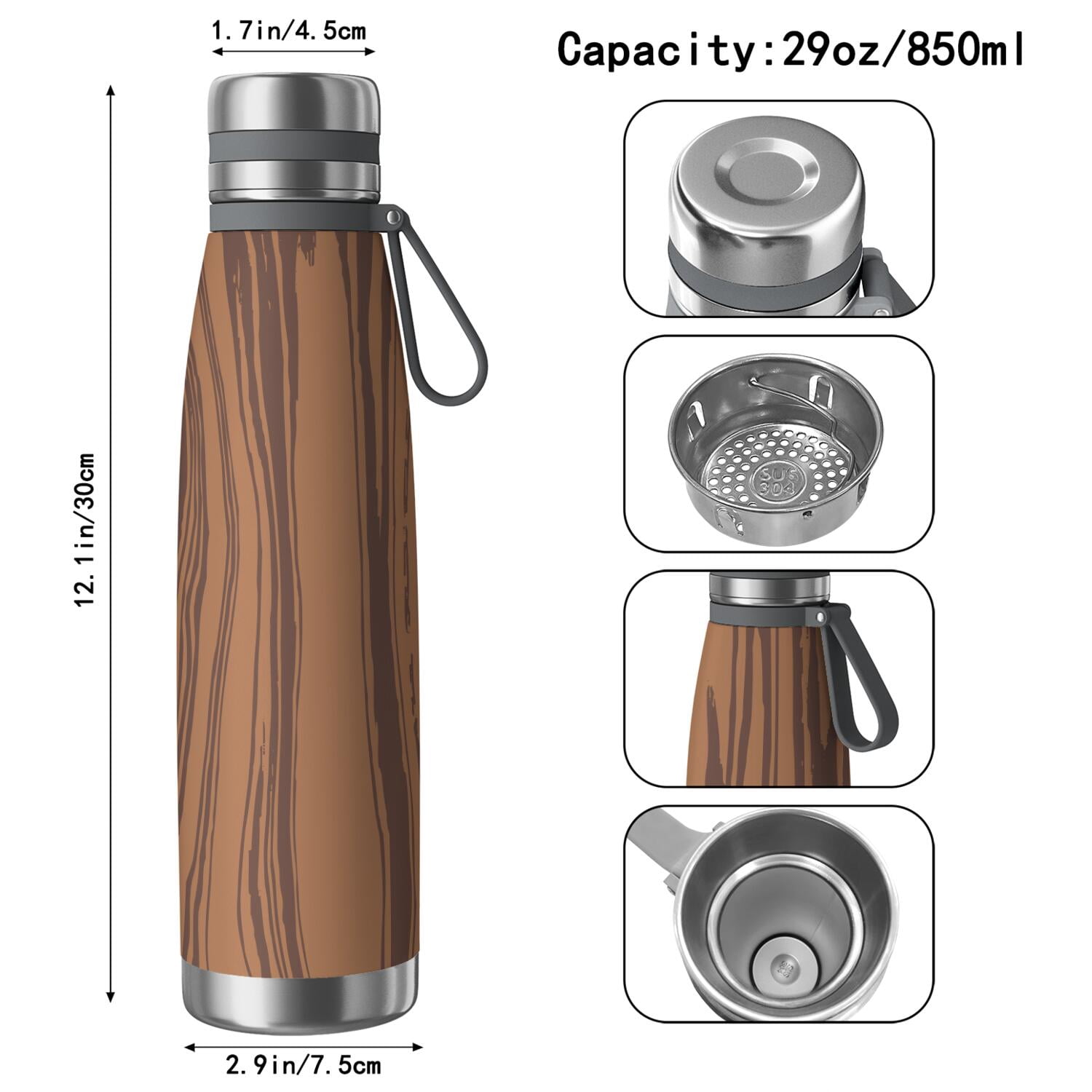 29oz Insulated Water Bottle with Tea Infuser, Stainless Steel Travel Mug, Wood Print