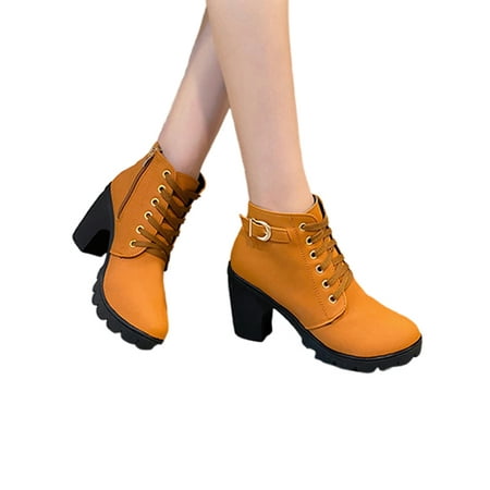 

Ferndule Womens Comfort Block Heel Ankle Boots Walking Casual Work Breathable Lace Up Booties Yellow 6.5