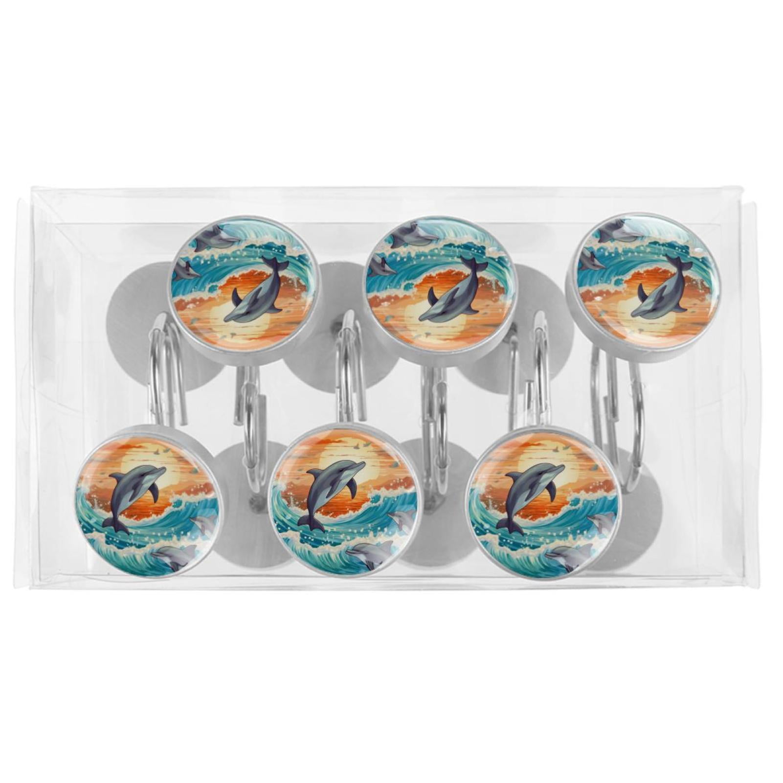 Dolphin Shower Curtain Hooks （Set of 12） for Home Hotel Shower Rods Bathroom Crystal Glass Print Stainless Steel Round Curtain Hooks